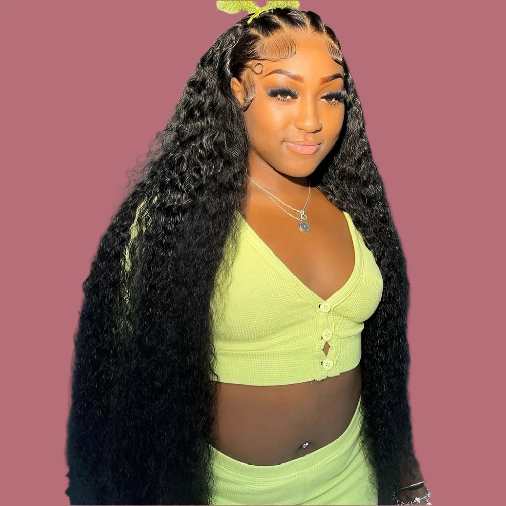 Black HD Pre-Plucked Lace Frontal Wig in Deep Wave